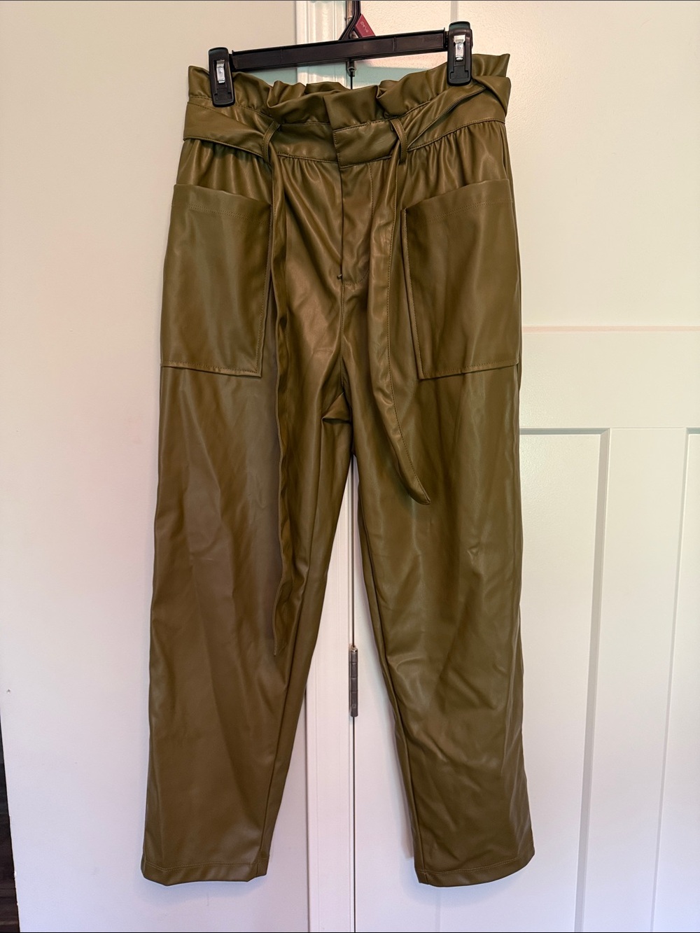 Who What Wear Olive Green Faux Leather Paperbag Waist Straight Leg Pants
